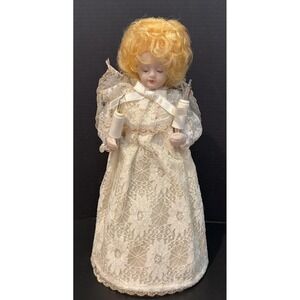Vintage Angel Blond Hair Porcelain Christmas Holiday Tree Topper Lace Dress READ